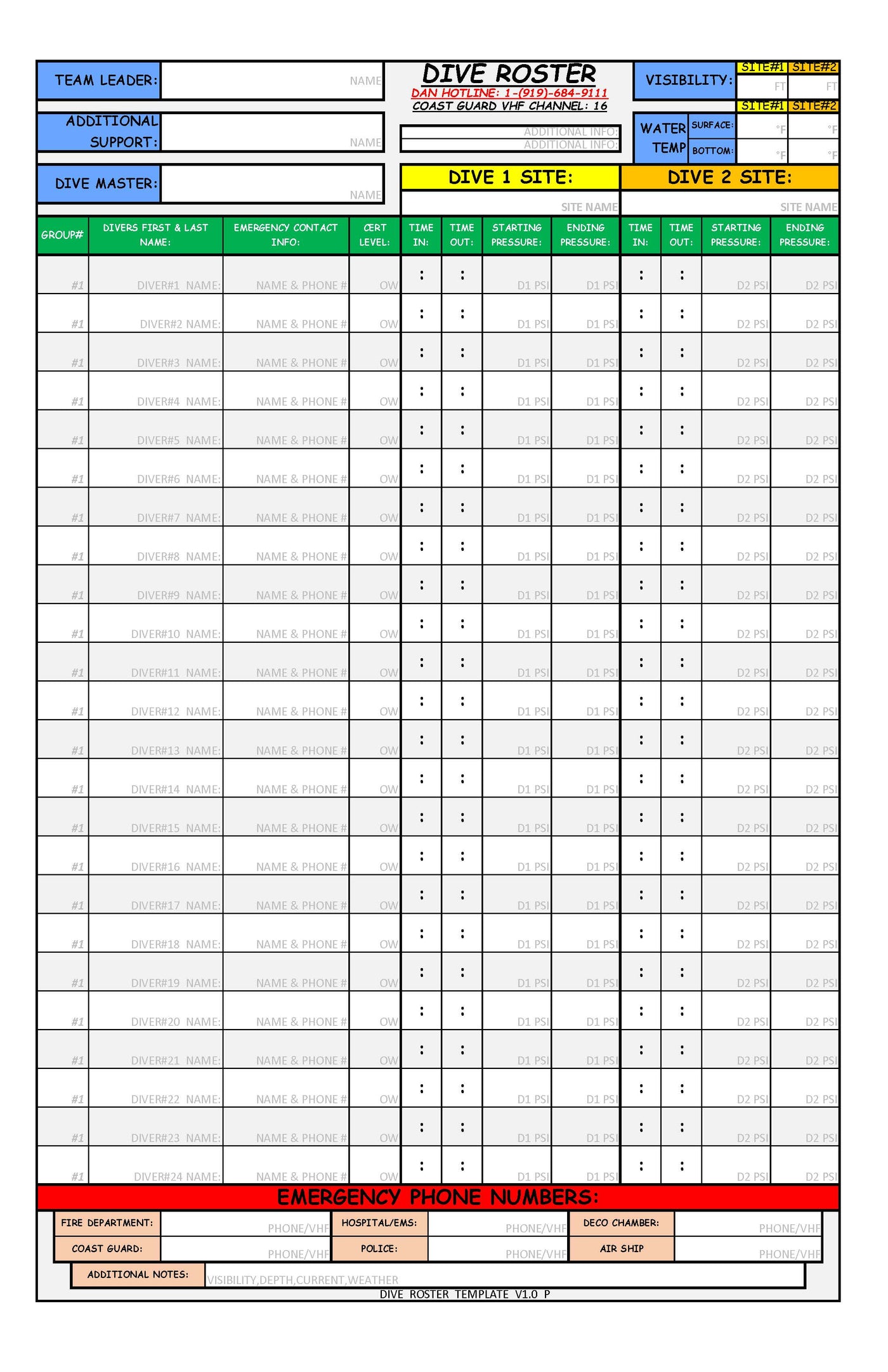 Scuba Dive Planning Templates – Battle Board